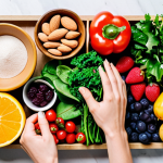 ** A vibrant flat lay featuring colorful fruits and vegetables (leafy greens, berries, almonds), representing micronutrient-rich foods. A person's hand reaches for a handful of almonds. The background is a clean, bright kitchen counter.

**