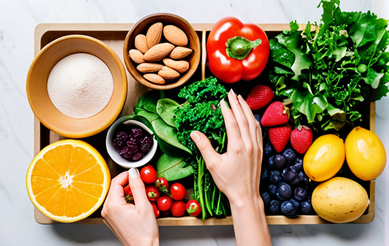 ** A vibrant flat lay featuring colorful fruits and vegetables (leafy greens, berries, almonds), representing micronutrient-rich foods. A person's hand reaches for a handful of almonds. The background is a clean, bright kitchen counter.
**