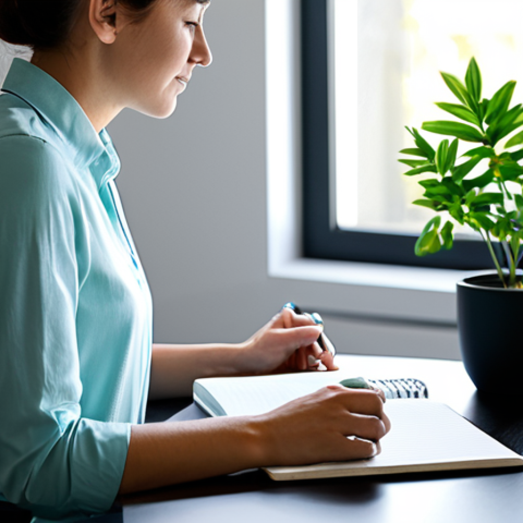 A professional individual, fully clothed in modest, comfortable and appropriate attire, is seated serenely at a clean, minimalist desk in a modern, sunlit home office. One hand gently rests on a closed, physical notebook, while the other holds a warm mug. A turned-off digital device is placed neatly to the side, signifying a digital boundary. The background features blurred, soft natural light from a large window and a small, vibrant green plant on the desk. The atmosphere is one of calm focus and peaceful reflection. Safe for work, appropriate content, fully clothed, professional, perfect anatomy, correct proportions, natural pose, well-formed hands, proper finger count, natural body proportions, high quality photography.
