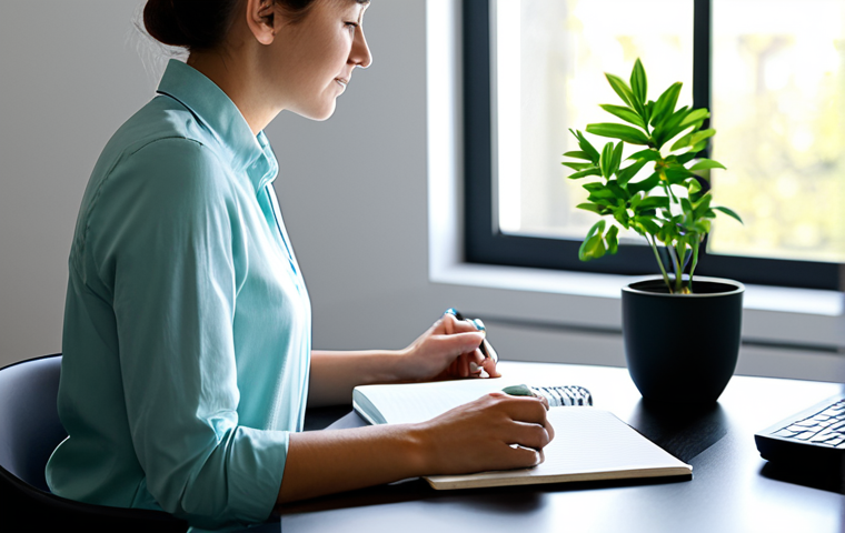 A professional individual, fully clothed in modest, comfortable and appropriate attire, is seated serenely at a clean, minimalist desk in a modern, sunlit home office. One hand gently rests on a closed, physical notebook, while the other holds a warm mug. A turned-off digital device is placed neatly to the side, signifying a digital boundary. The background features blurred, soft natural light from a large window and a small, vibrant green plant on the desk. The atmosphere is one of calm focus and peaceful reflection. Safe for work, appropriate content, fully clothed, professional, perfect anatomy, correct proportions, natural pose, well-formed hands, proper finger count, natural body proportions, high quality photography.