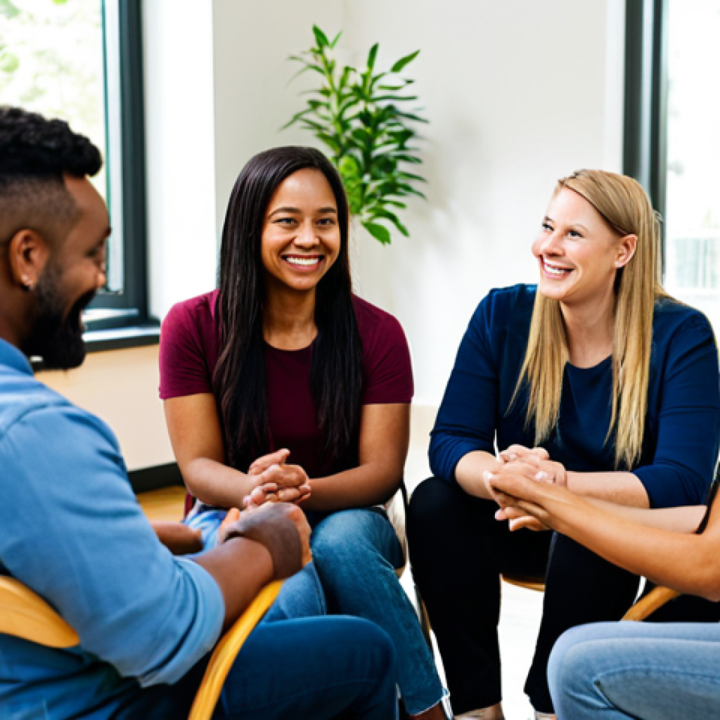 In-Person Support Group Meeting**
"A diverse group of fully clothed adults sitting in a circle in a brightly lit, comfortable community center room. They are engaged in a gentle discussion, some smiling and nodding. The scene is warm and supportive, with soft lighting and plants in the background. Everyone is wearing appropriate attire. Safe for work, appropriate content, fully clothed, professional, perfect anatomy, correct proportions, natural pose, well-formed hands, proper finger count, natural body proportions, family-friendly."
**