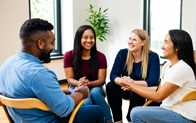 In-Person Support Group Meeting**
"A diverse group of fully clothed adults sitting in a circle in a brightly lit, comfortable community center room. They are engaged in a gentle discussion, some smiling and nodding. The scene is warm and supportive, with soft lighting and plants in the background. Everyone is wearing appropriate attire. Safe for work, appropriate content, fully clothed, professional, perfect anatomy, correct proportions, natural pose, well-formed hands, proper finger count, natural body proportions, family-friendly."
**