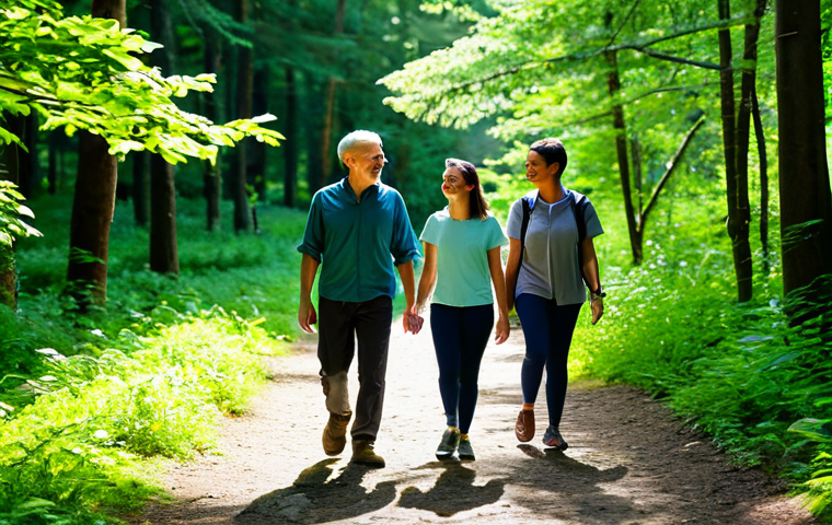 **
"A diverse group of people participating in a forest bathing session, fully clothed in comfortable outdoor attire, walking mindfully on a sun-dappled trail, surrounded by lush green trees, safe for work, appropriate content, perfect anatomy, natural proportions, professional photography, family-friendly, focus on serene expressions and connection with nature, soft lighting, high-quality."
**