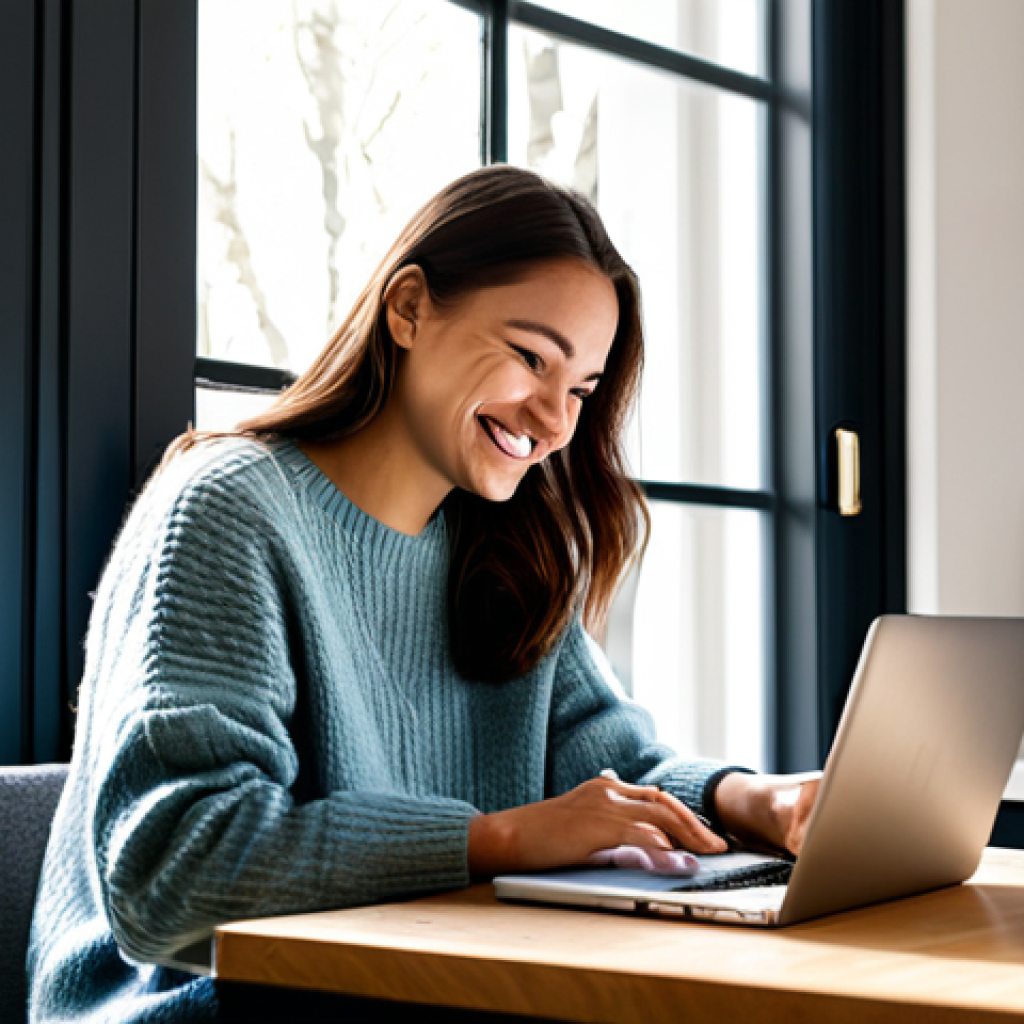 Budgeting Bliss**
A young woman with a warm smile, sitting at her kitchen table, reviewing her budget on a laptop. Sunlight streams through the window, illuminating a cozy and organized space. She is wearing a comfortable, fully clothed sweater and jeans. A steaming mug of tea sits beside her. The scene evokes a sense of calm and control. "Safe for work", "appropriate content", "fully clothed", "professional", "perfect anatomy", "correct proportions", "natural pose", "high resolution", "well-formed hands", "proper finger count", "natural body proportions".
**