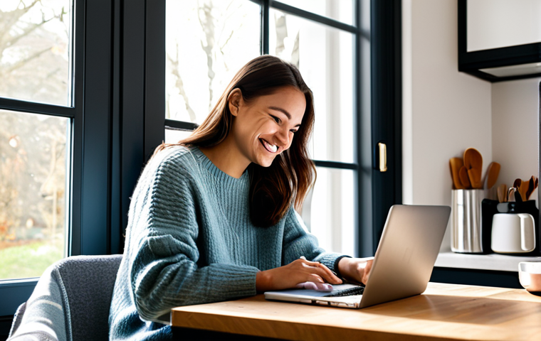 Budgeting Bliss**

A young woman with a warm smile, sitting at her kitchen table, reviewing her budget on a laptop. Sunlight streams through the window, illuminating a cozy and organized space. She is wearing a comfortable, fully clothed sweater and jeans. A steaming mug of tea sits beside her. The scene evokes a sense of calm and control. "Safe for work", "appropriate content", "fully clothed", "professional", "perfect anatomy", "correct proportions", "natural pose", "high resolution", "well-formed hands", "proper finger count", "natural body proportions".

**
