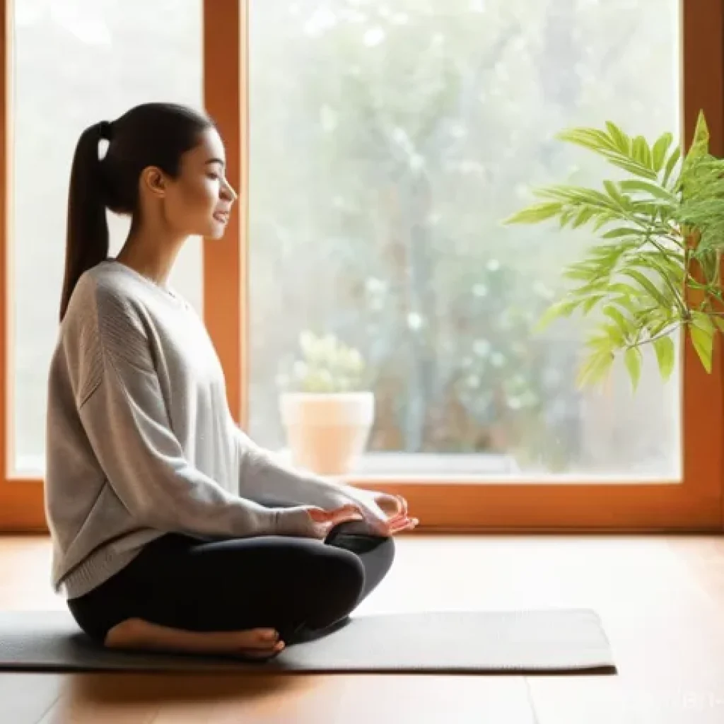 자기 돌봄의 개념과 발전 과정 - **Prompt:** A young adult, appearing calm and serene, practices a moment of mindful self-care in a s...