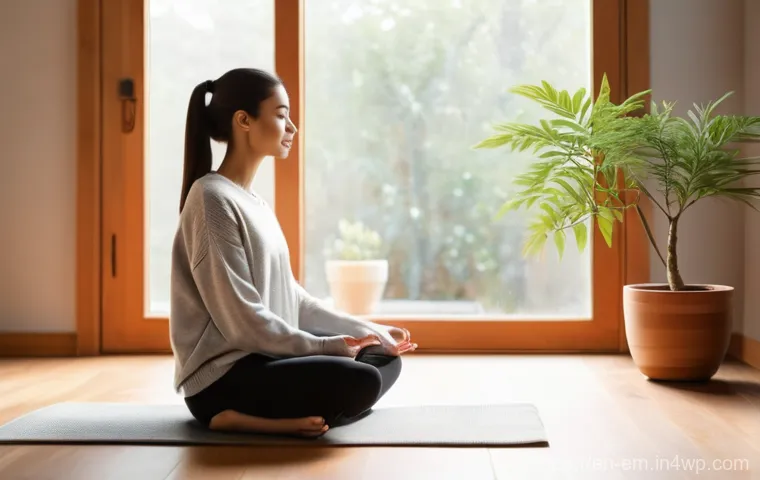 자기 돌봄의 개념과 발전 과정 - **Prompt:** A young adult, appearing calm and serene, practices a moment of mindful self-care in a s...