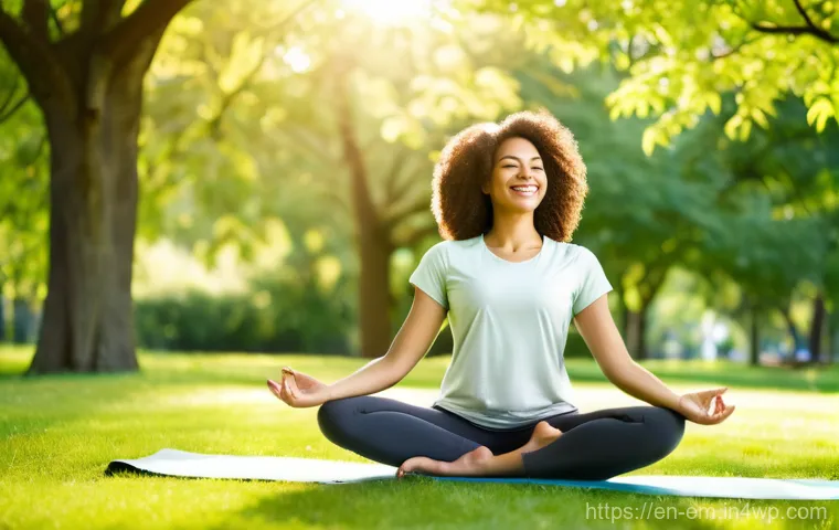 자기 돌봄의 개념과 발전 과정 - **Prompt:** A young adult, appearing calm and serene, practices a moment of mindful self-care in a s...