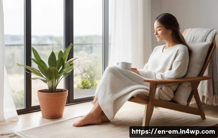 자기 돌봄과 자기 개발의 관계 - **"Reclaiming Serenity from the Daily Grind"**
    A peaceful and inviting indoor scene featuring a ...