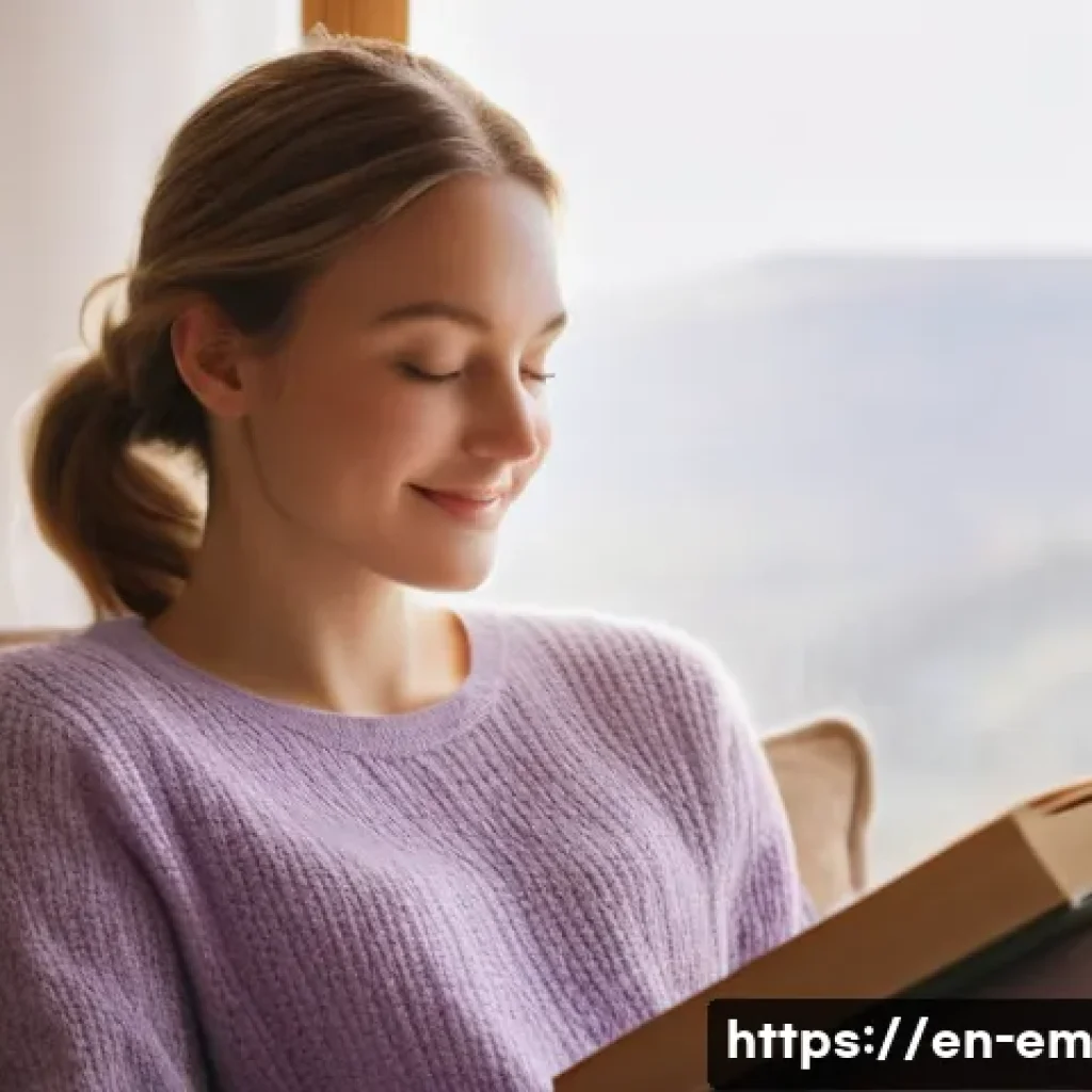 자기 돌봄의 동기 부여 극복하기 - **Prompt:** A serene young woman, late 20s, with light brown hair tied loosely, sits comfortably on ...