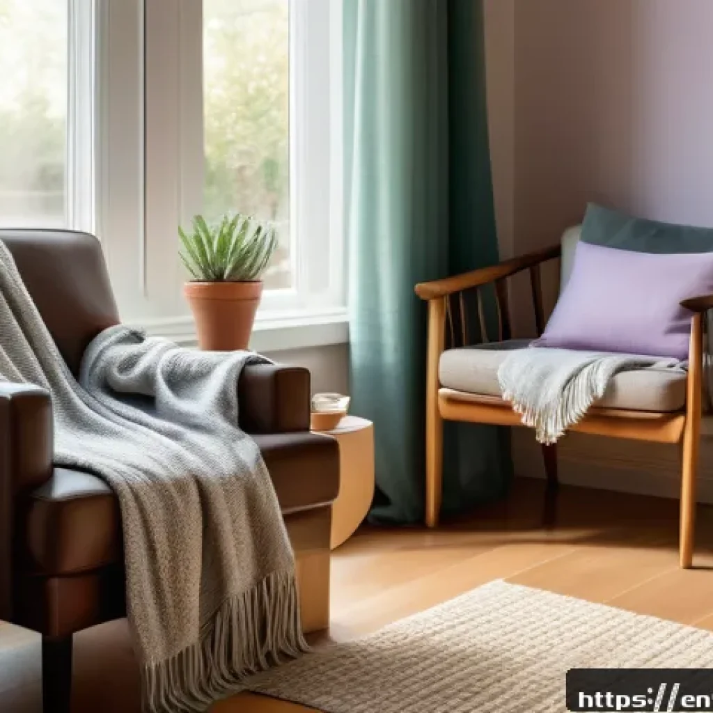 자기 돌봄을 위한 일상적인 스트레스 해소 - A serene indoor scene showing a cozy personal sanctuary corner with a soft armchair, a warm throw bl...