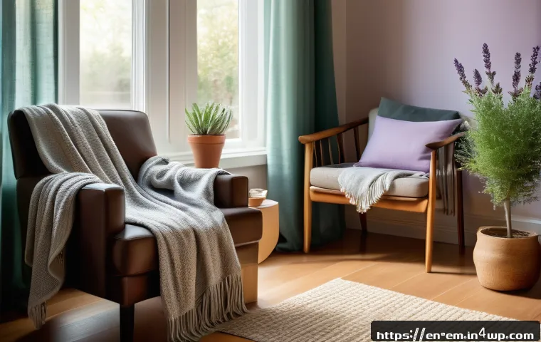 자기 돌봄을 위한 일상적인 스트레스 해소 - A serene indoor scene showing a cozy personal sanctuary corner with a soft armchair, a warm throw bl...