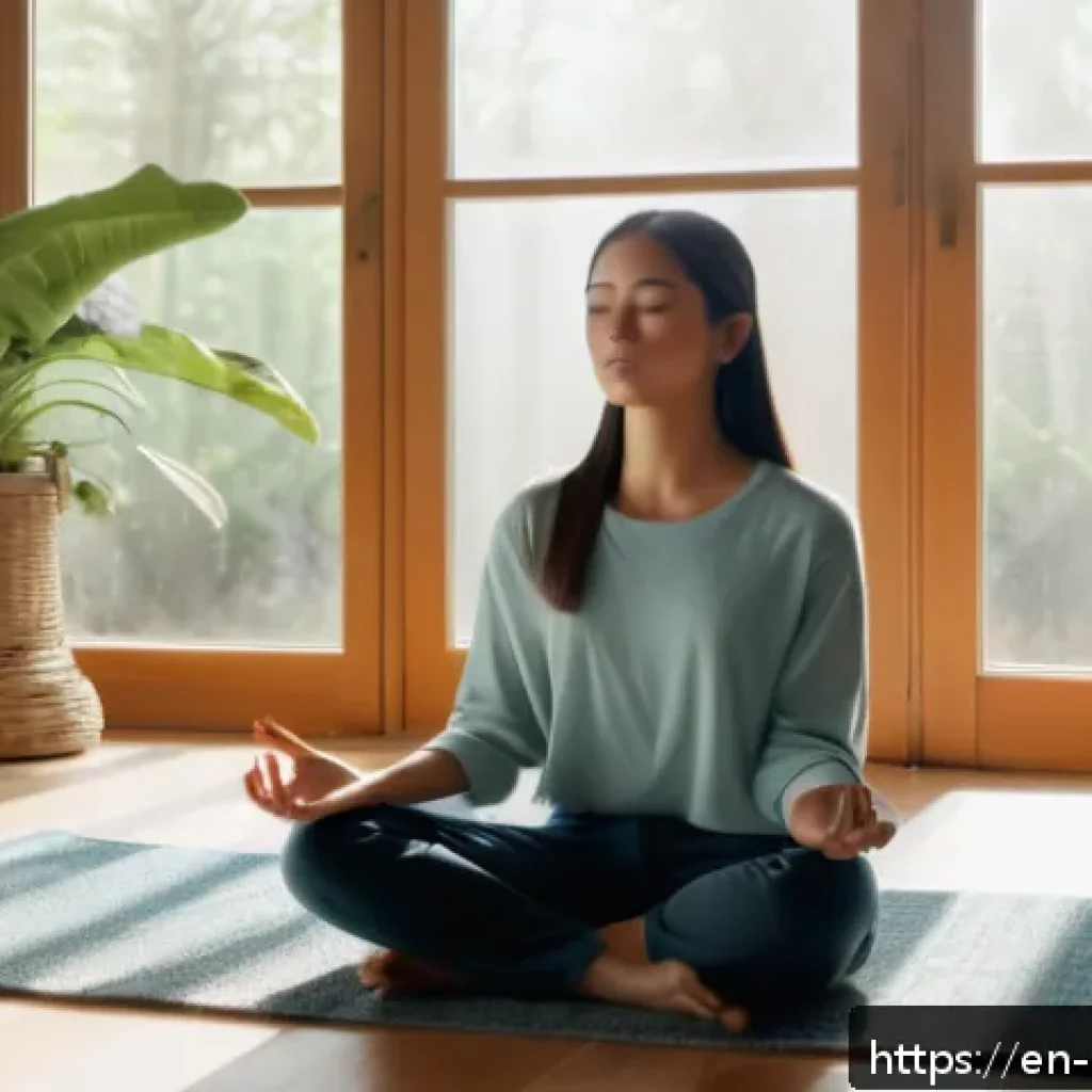 자기 돌봄의 장애물 극복하기 - A serene morning scene of a young woman practicing mindfulness meditation in a cozy, sunlit living r...