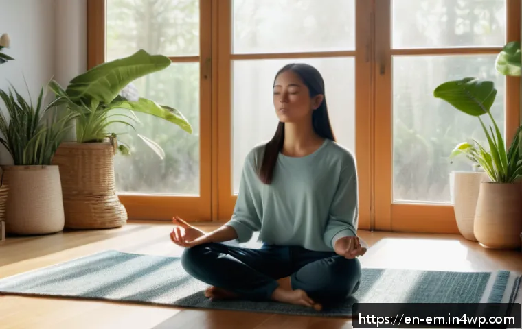 자기 돌봄의 장애물 극복하기 - A serene morning scene of a young woman practicing mindfulness meditation in a cozy, sunlit living r...