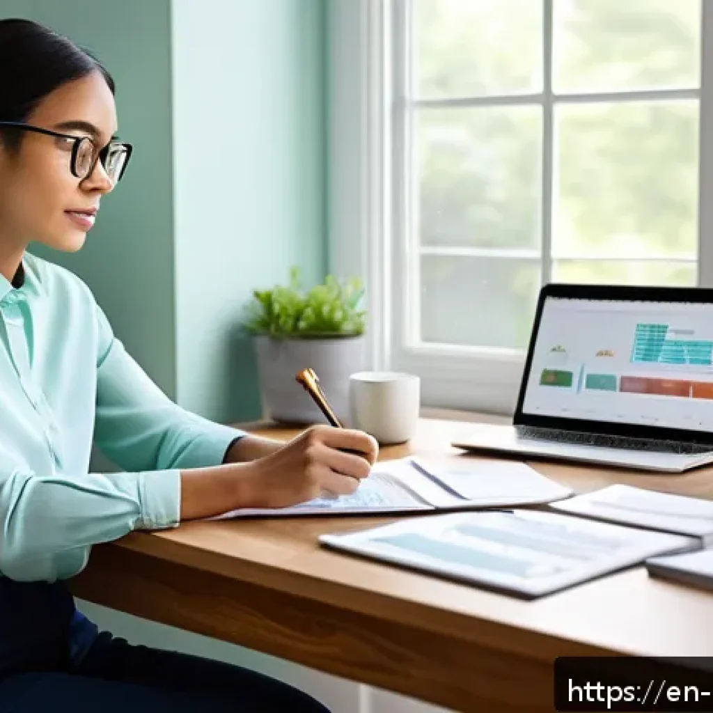 자기 돌봄을 위한 재정 관리 방법 - A serene, modern home office scene with a diverse young adult thoughtfully reviewing a simple budget...
