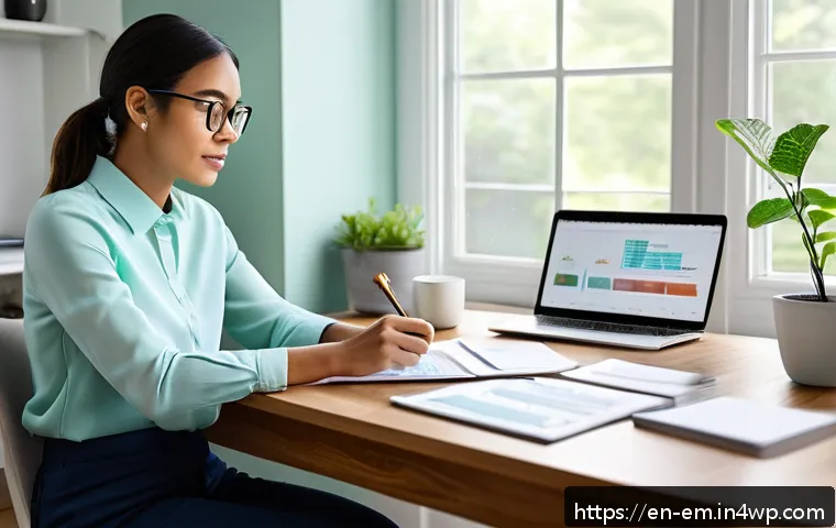 자기 돌봄을 위한 재정 관리 방법 - A serene, modern home office scene with a diverse young adult thoughtfully reviewing a simple budget...