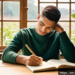 Home 20 자기 돌봄을 위한 감사의 기적 - A serene morning scene of a young adult sitting at a cozy wooden desk by a large window, journaling ...