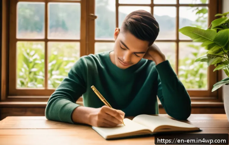 자기 돌봄을 위한 감사의 기적 - A serene morning scene of a young adult sitting at a cozy wooden desk by a large window, journaling ...