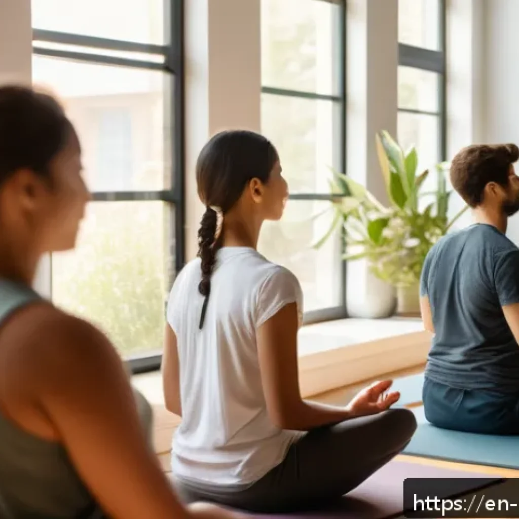 자기 돌봄을 위한 온라인 코스 추천 - A serene indoor scene of a diverse group of adults practicing mindfulness meditation together in a c...