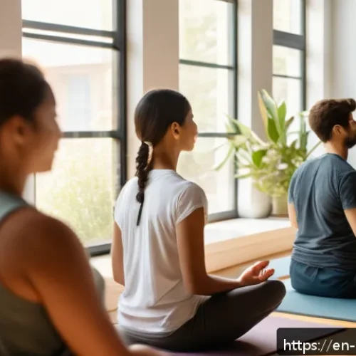 Home 31 자기 돌봄을 위한 온라인 코스 추천 - A serene indoor scene of a diverse group of adults practicing mindfulness meditation together in a c...