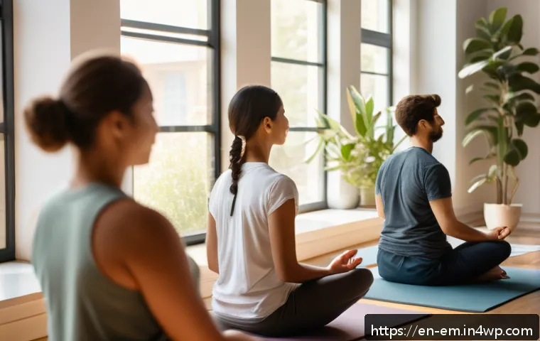 자기 돌봄을 위한 온라인 코스 추천 - A serene indoor scene of a diverse group of adults practicing mindfulness meditation together in a c...