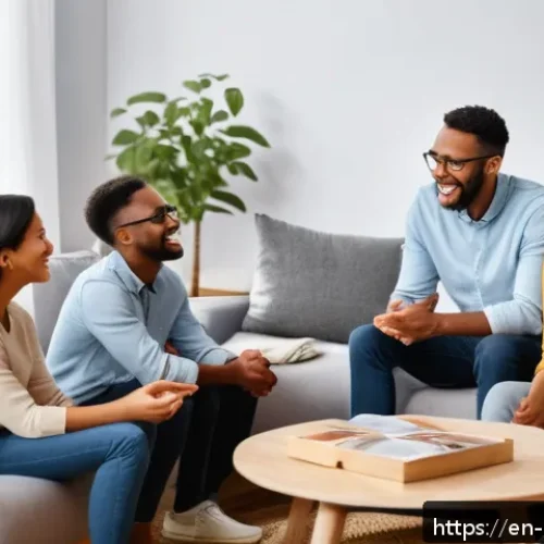 Home 30 자기 돌봄을 위한 정서적 지원 찾기 - A cozy, warmly lit living room scene showing a diverse group of empathetic adults sitting in a suppo...