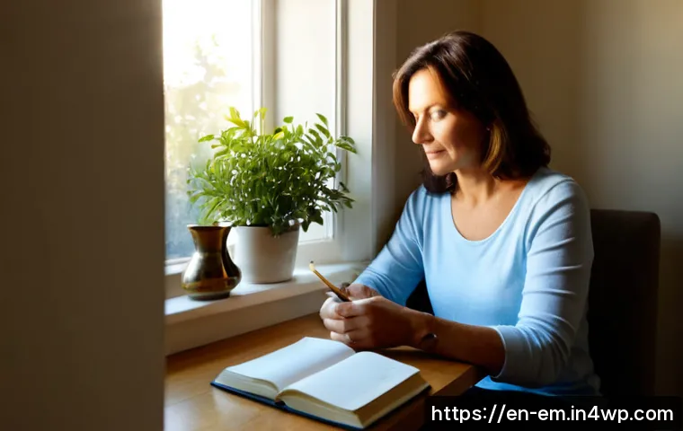 Home 17 자기 돌봄을 위한 정기적인 성찰 시간 확보하기 - Photorealistic lifestyle scene of a woman in her 40s sitting quietly by a sunlit living-room window,...