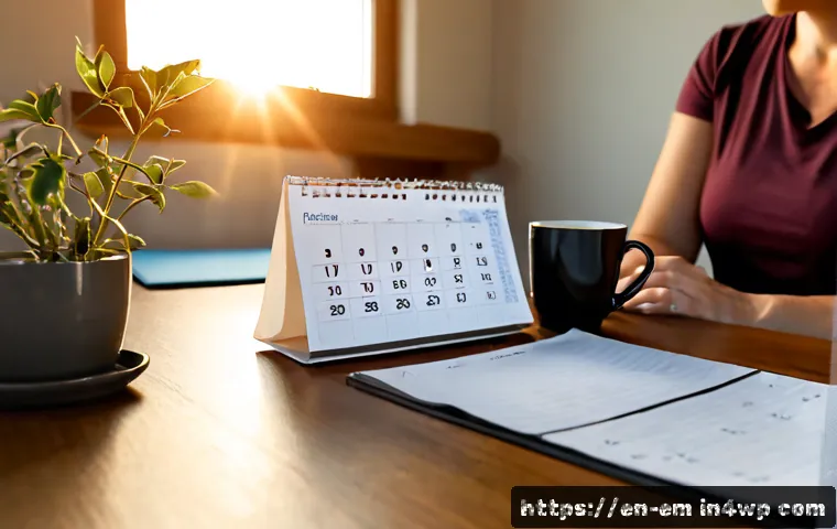 시간 관리와 자기 돌봄의 관계 - Photorealistic morning home office scene showing a calm middle-aged woman planning her day in a simp...
