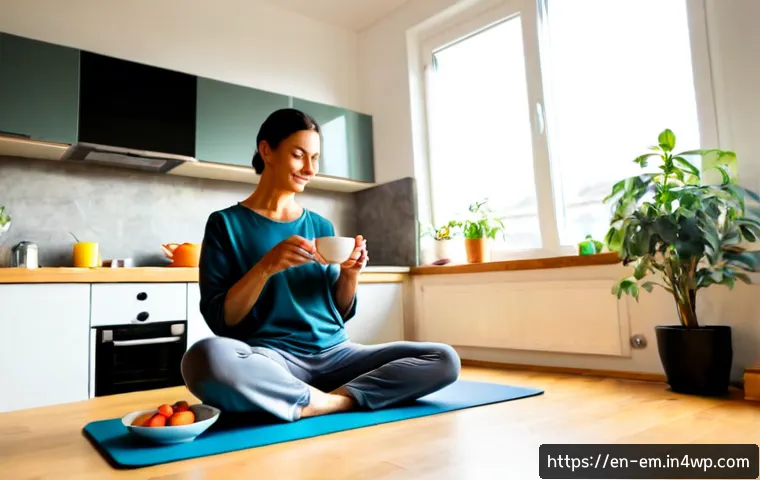 자기 돌봄을 위한 균형 잡힌 라이프스타일 만들기 - Photorealistic morning self-care routine in a bright, cozy apartment kitchen, a relaxed middle-aged ...